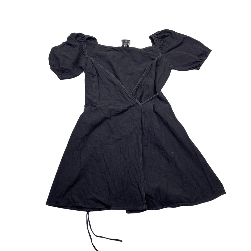 Seven Wonders Black Cotton Wrap Mini Dress Puff Sleeve Sz 8 Festive Grunge